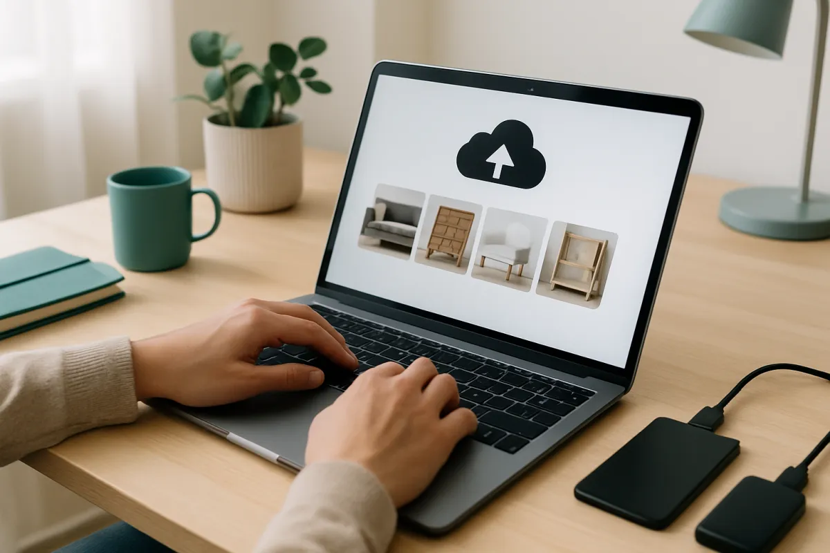 A person at a desk uploading home inventory photos to cloud storage on a laptop with two external drives beside it in natural light