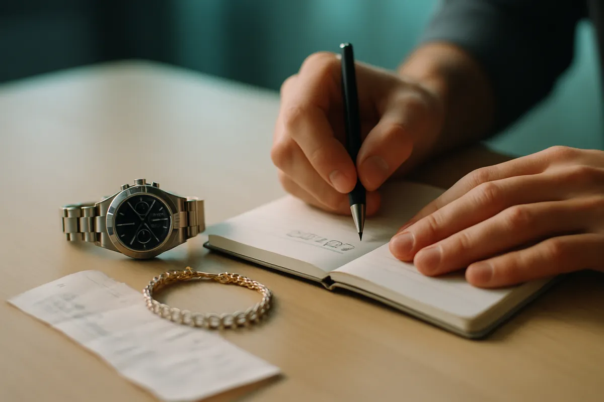 Close up of hands documenting a wristwatch and a piece of jewelry beside a paper receipt and a notebook noting a serial number in soft natural light