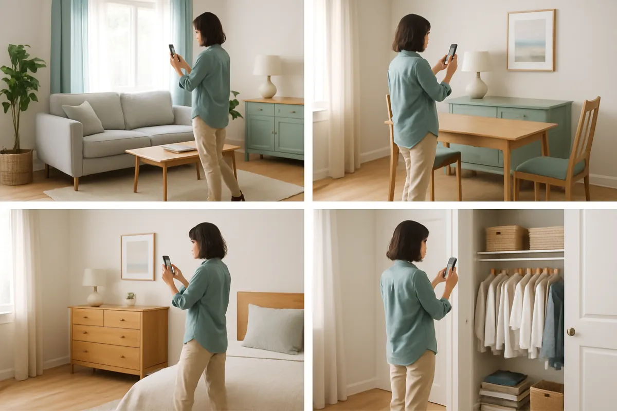 A person walking room by room through a home capturing photos of furniture and open closet contents with a phone in bright natural light