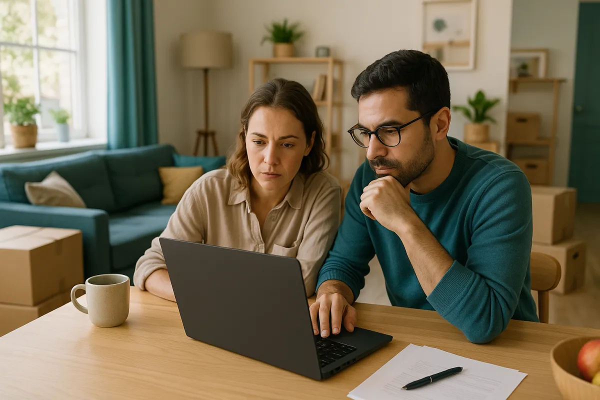 A couple at a kitchen table reviewing their home inventory on a laptop