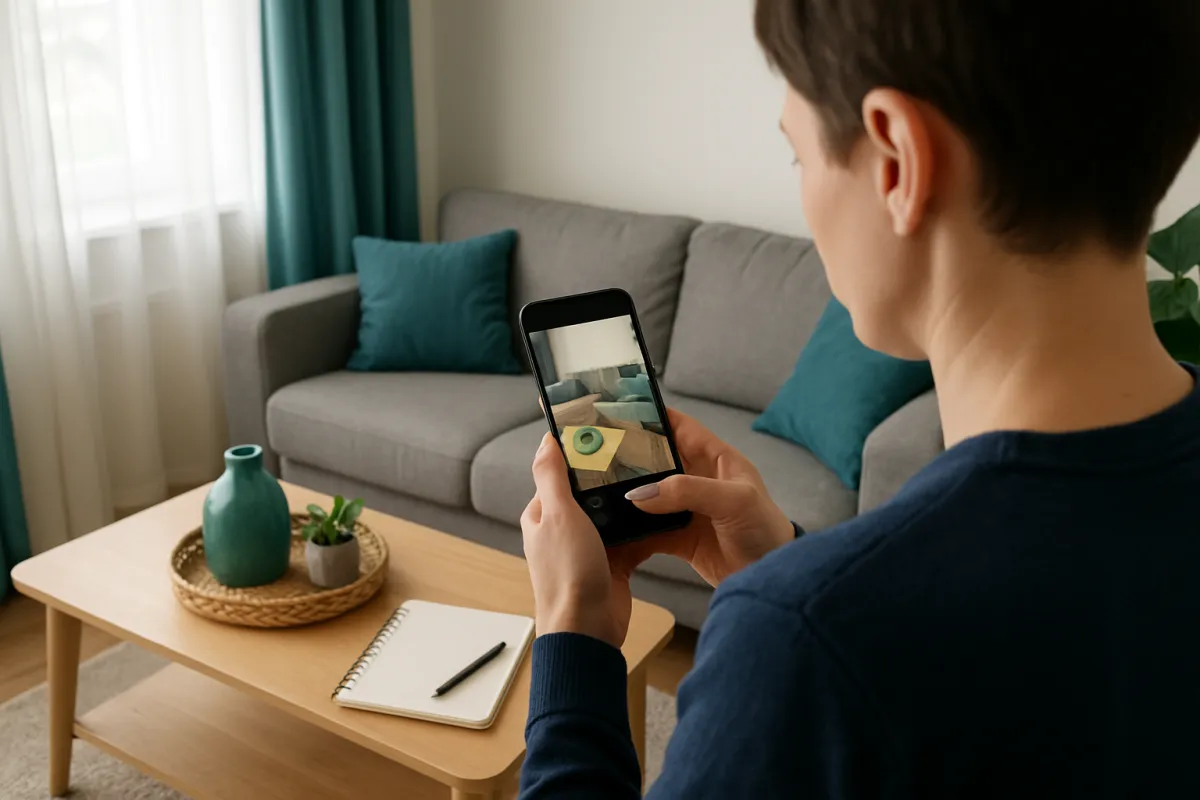 A person filming their living room belongings with a phone
