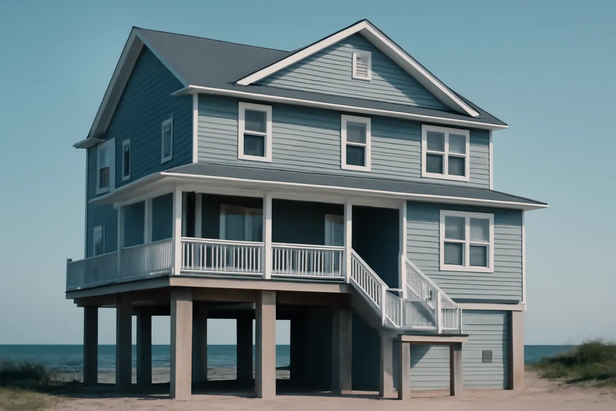 A two-storey house with blue-grey horizontal siding and white trim raised on square concrete pilings above sand, with a railed porch and an external staircase, the sea and a clear sky behind it