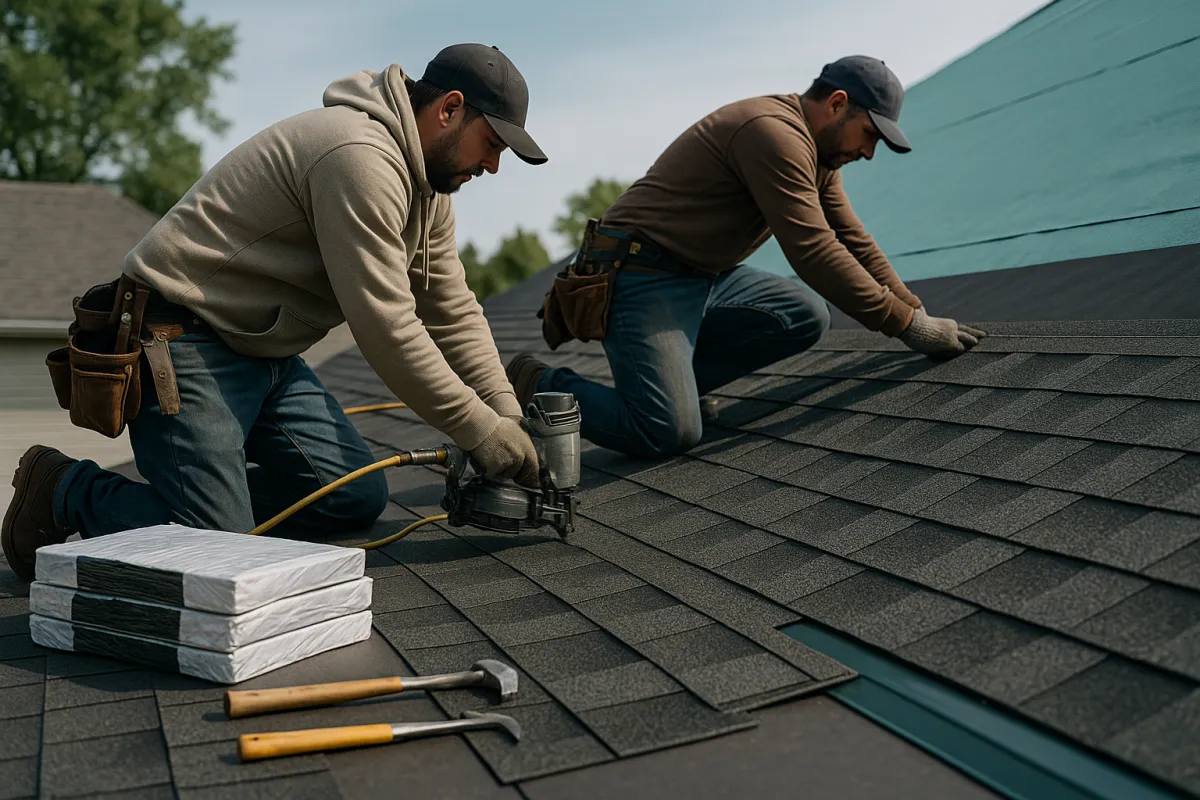 Two roofing contractors installing new asphalt shingles on a residential roof