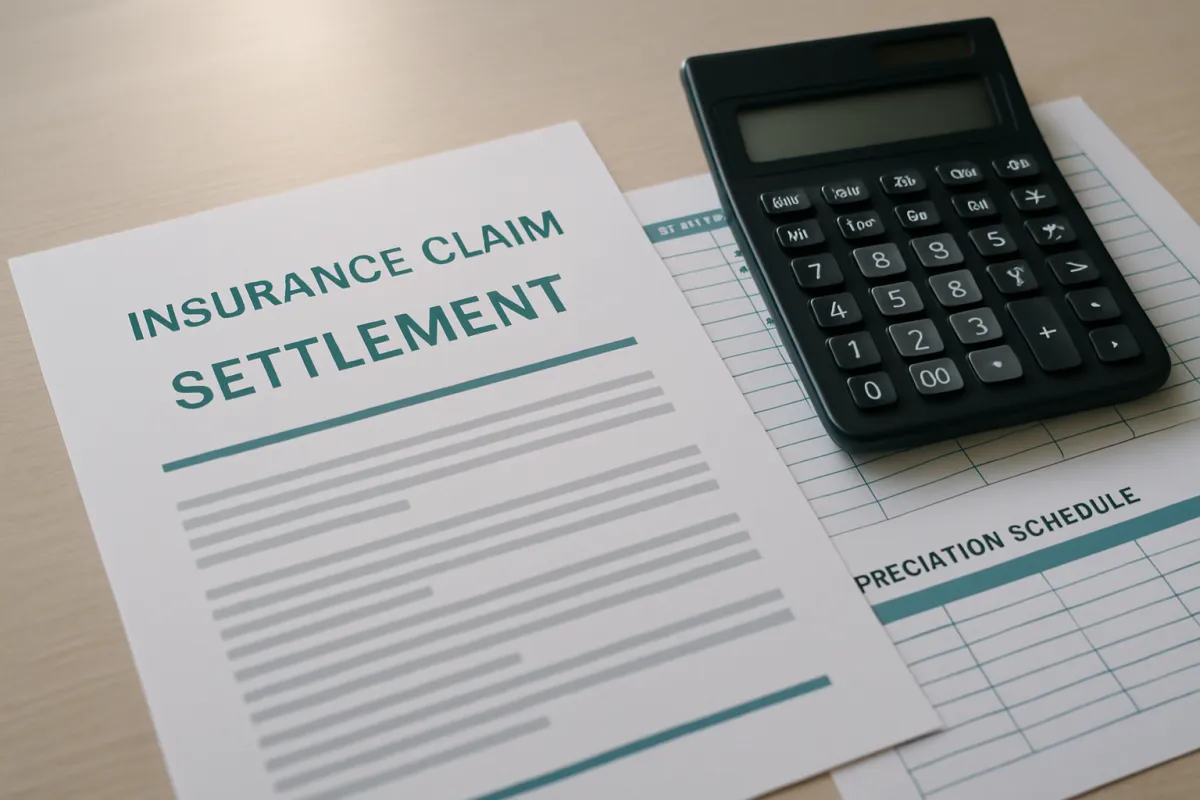 A claim settlement letter beside a calculator and depreciation schedule