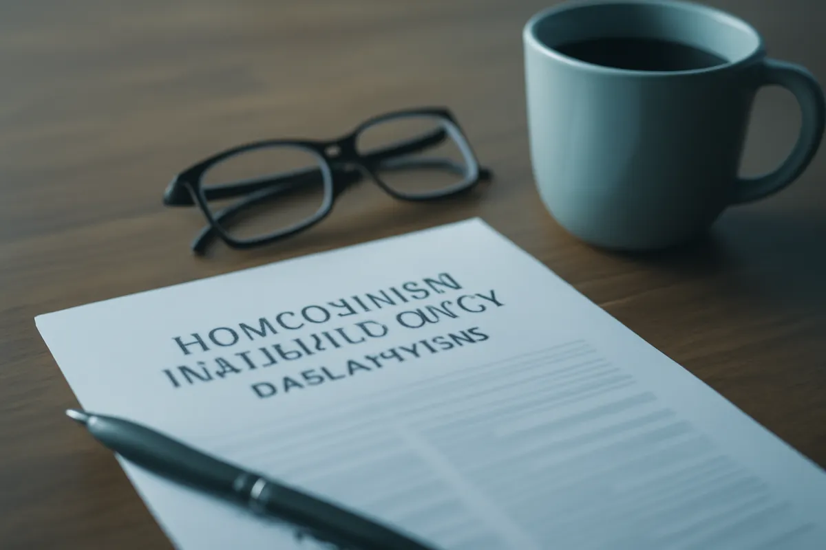 A homeowners insurance declarations document on a wooden desk beside a pen, glasses, and a mug of coffee