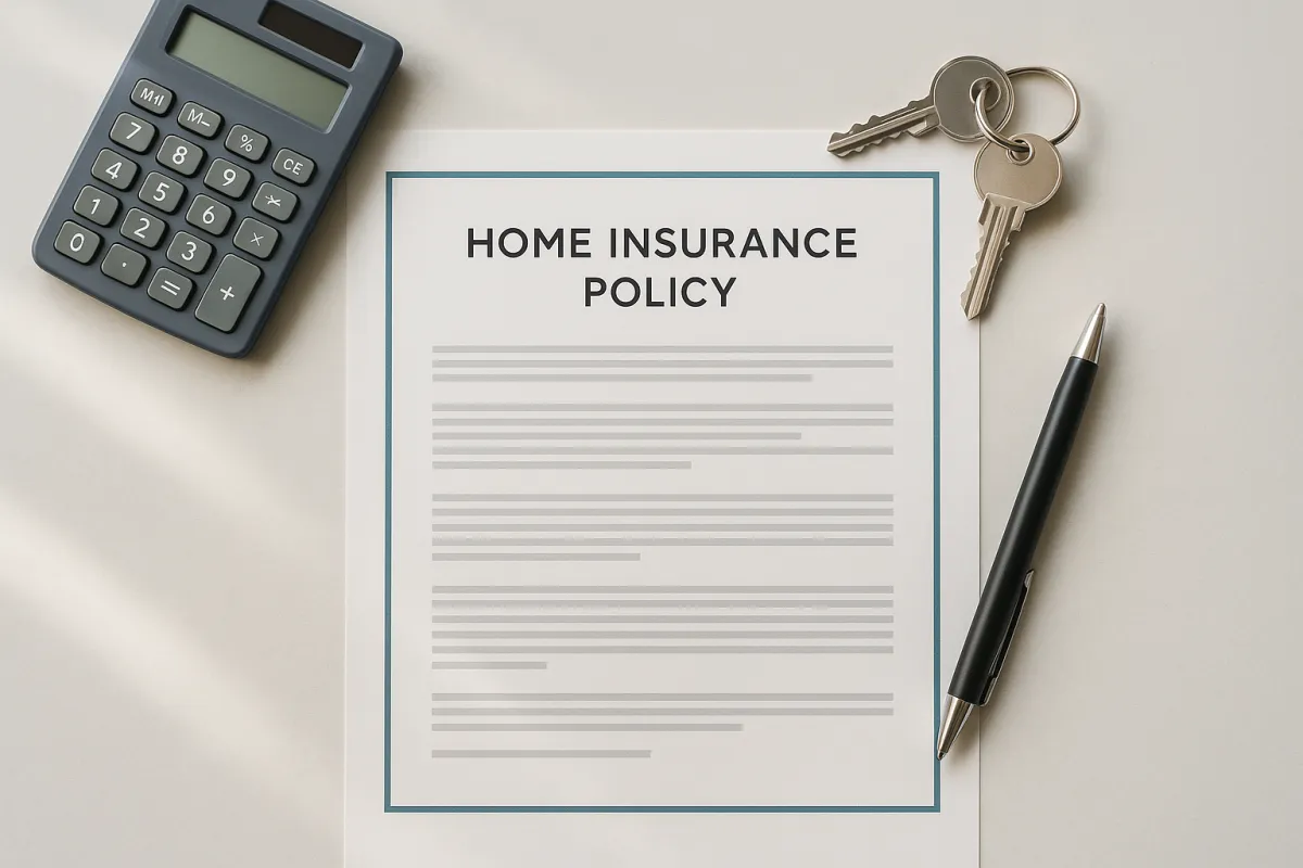 A home insurance policy document with a calculator and house keys on a desk