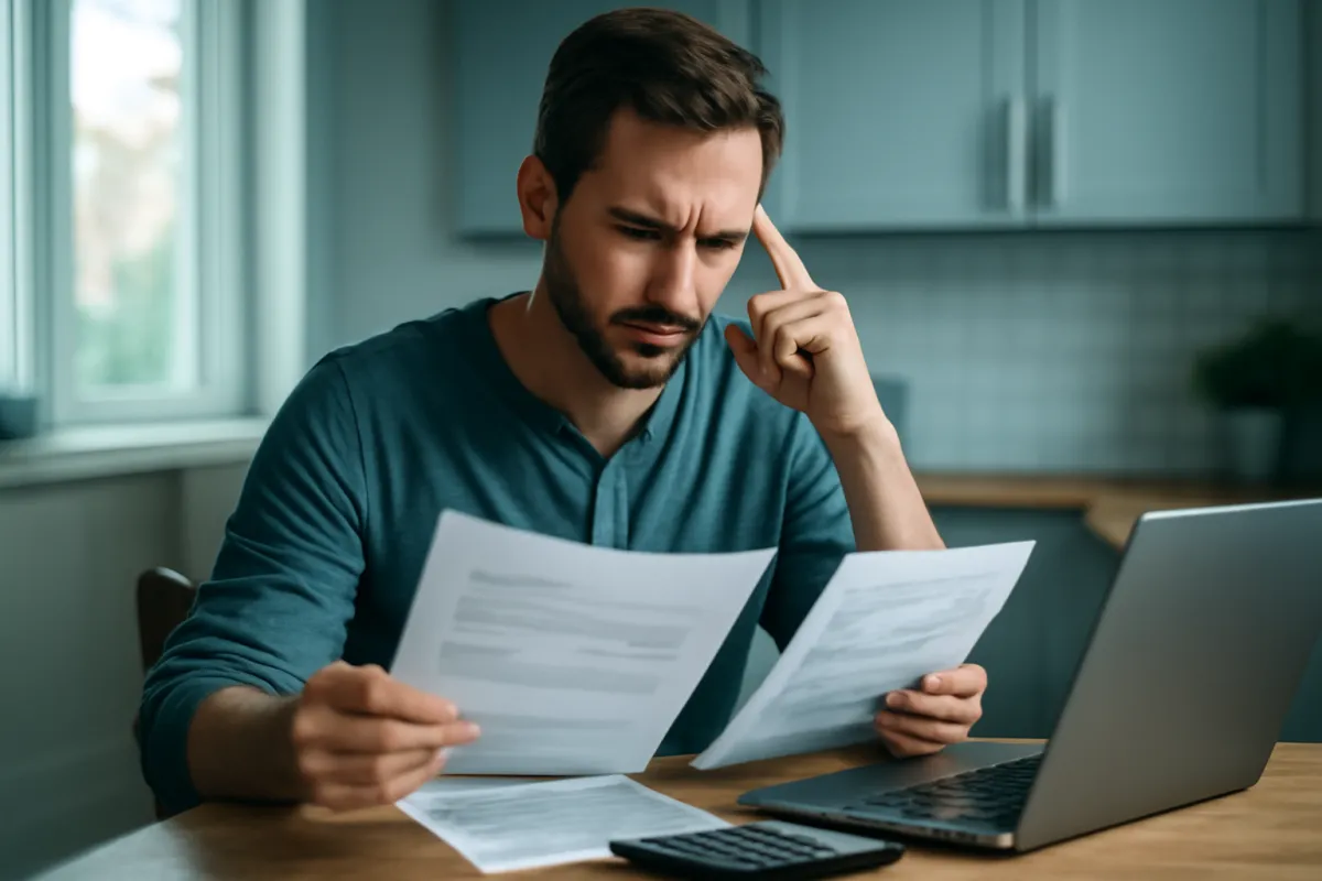 A homeowner holding two printed home insurance quotes side by side for comparison at a kitchen table, with a laptop and calculator