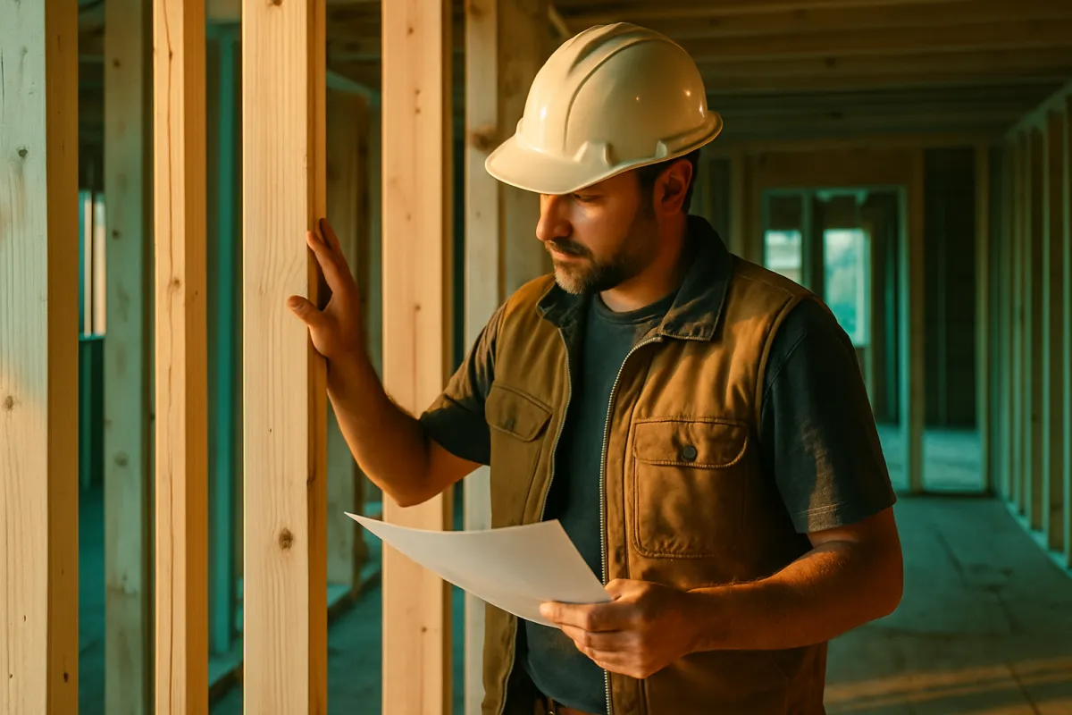 A builder in a hard hat reviewing framing inside a house under construction