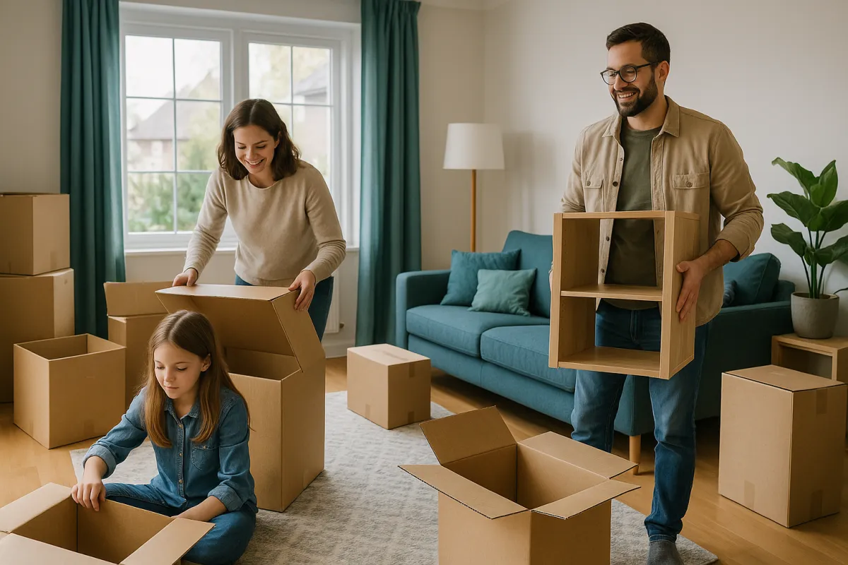 Two adults and a child unpacking cardboard boxes in a bright living room with a teal sofa, a floor lamp and a potted plant, one adult carrying a small wooden shelf unit