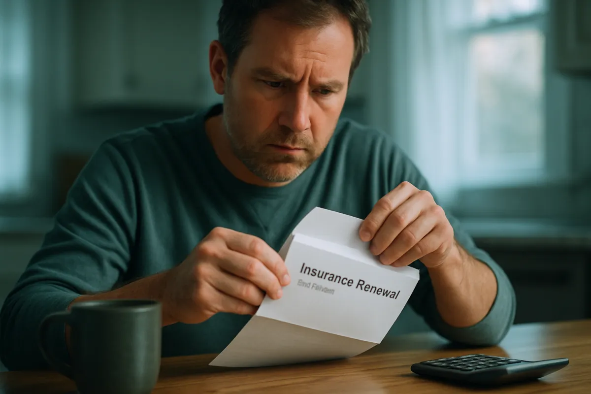 A person at a kitchen table opening a paper insurance notice, looking concerned