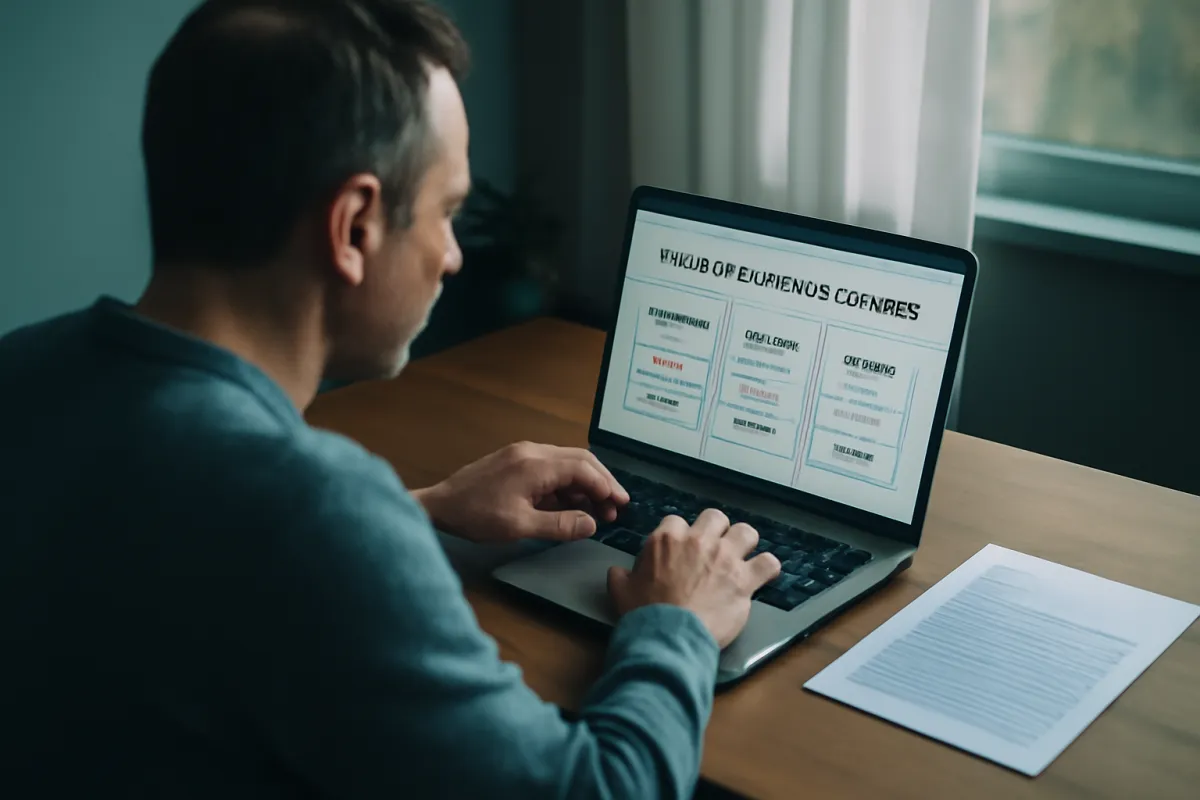 A homeowner comparing side-by-side quotes on a laptop with a printed statement beside it after a rate increase