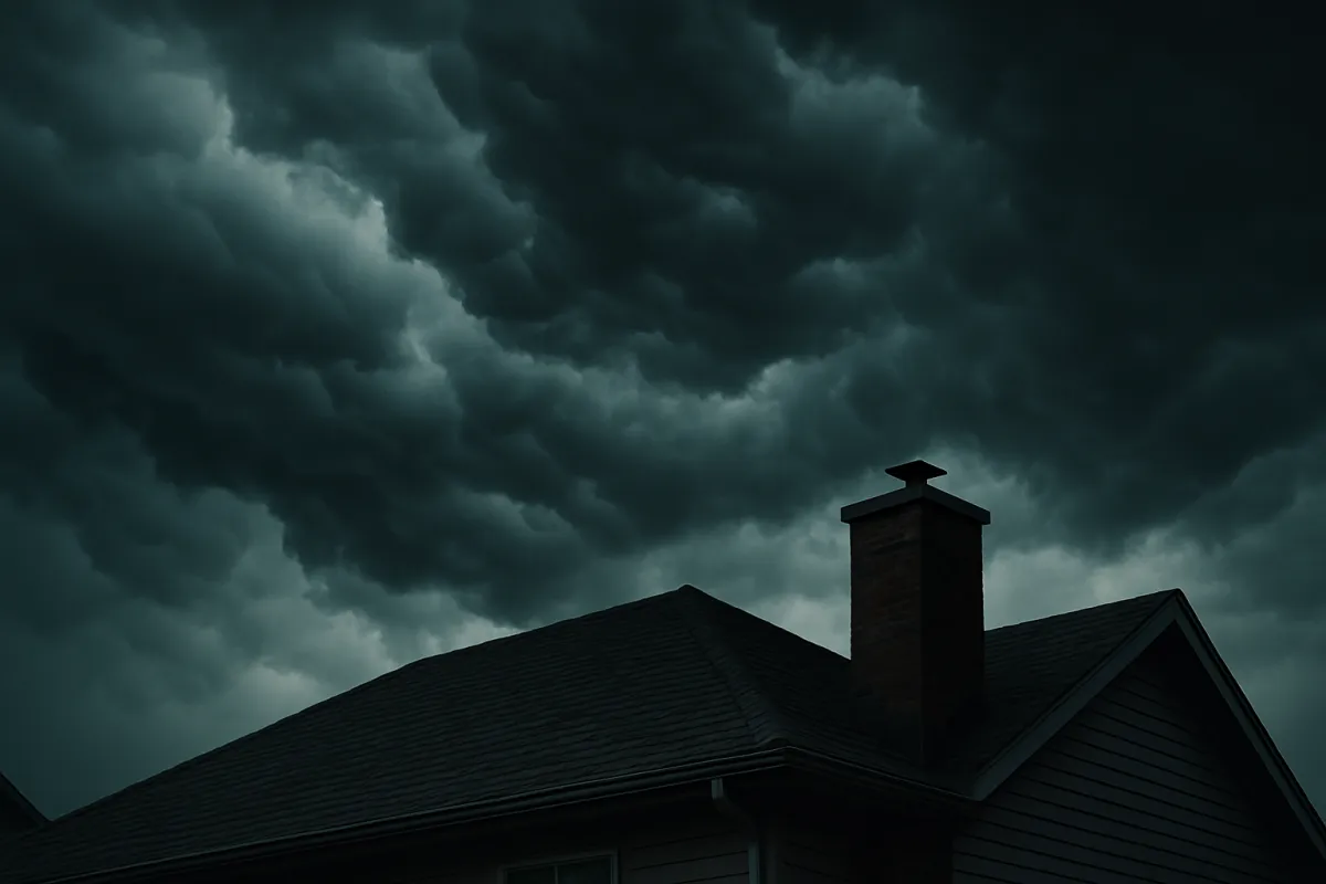 Storm clouds gathering over the roofline of a suburban house before hurricane season