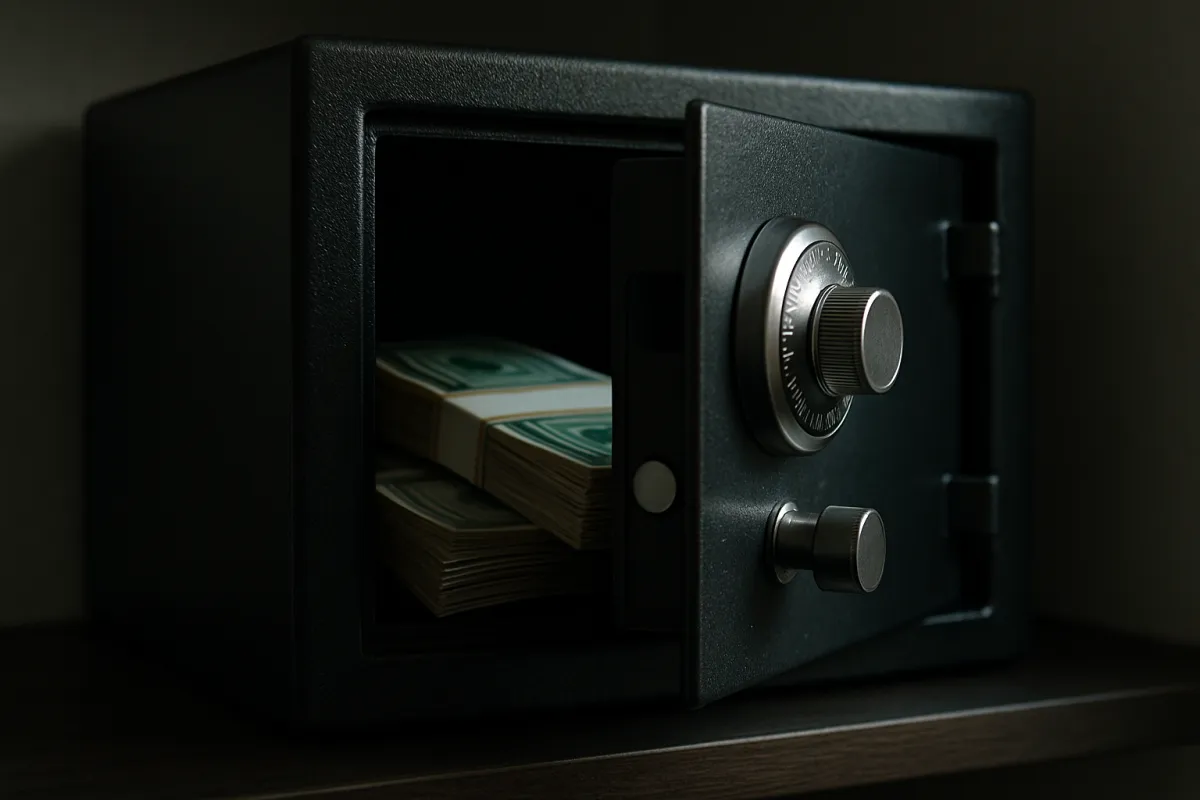 A small home safe with banded cash inside on a shelf, standing in for the assets an umbrella policy is meant to protect