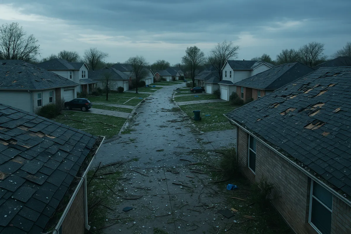 An aerial view of a storm-damaged neighborhood with torn roof shingles and debris scattered across the street in cool overcast light