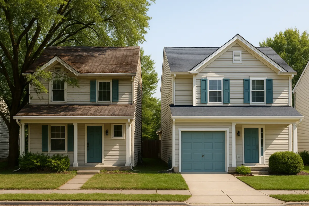 Two suburban houses side by side under calm morning light, suggesting a homeowner comparing one insurer against another