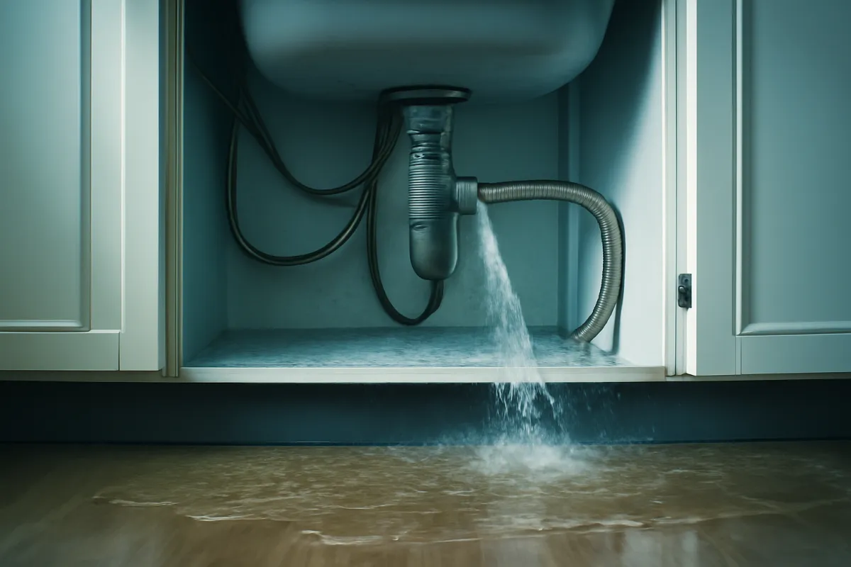 A burst plumbing supply line under a sink with water pooling on the cabinet floor, the moment that decides whether a loss reads sudden or gradual