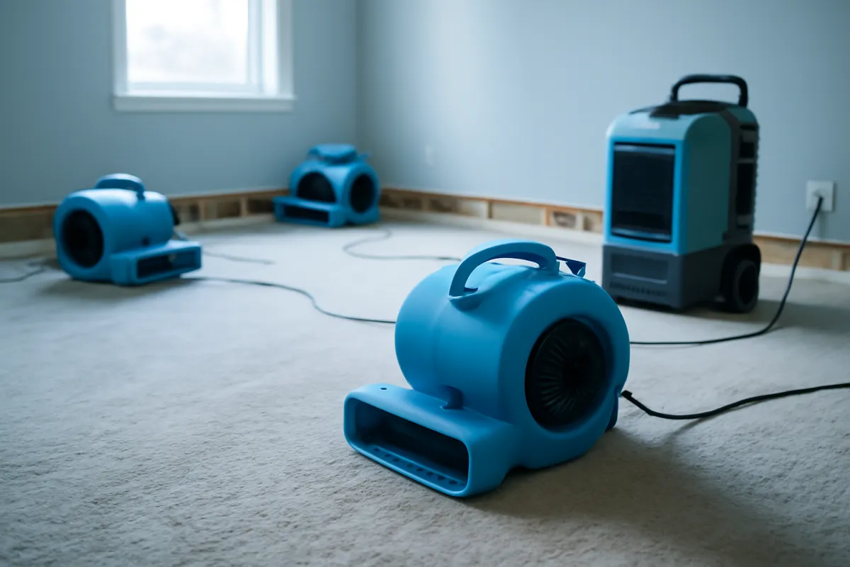 Air mover fans and a dehumidifier drying a damp carpeted room after a plumbing failure, the mitigation step every policy expects