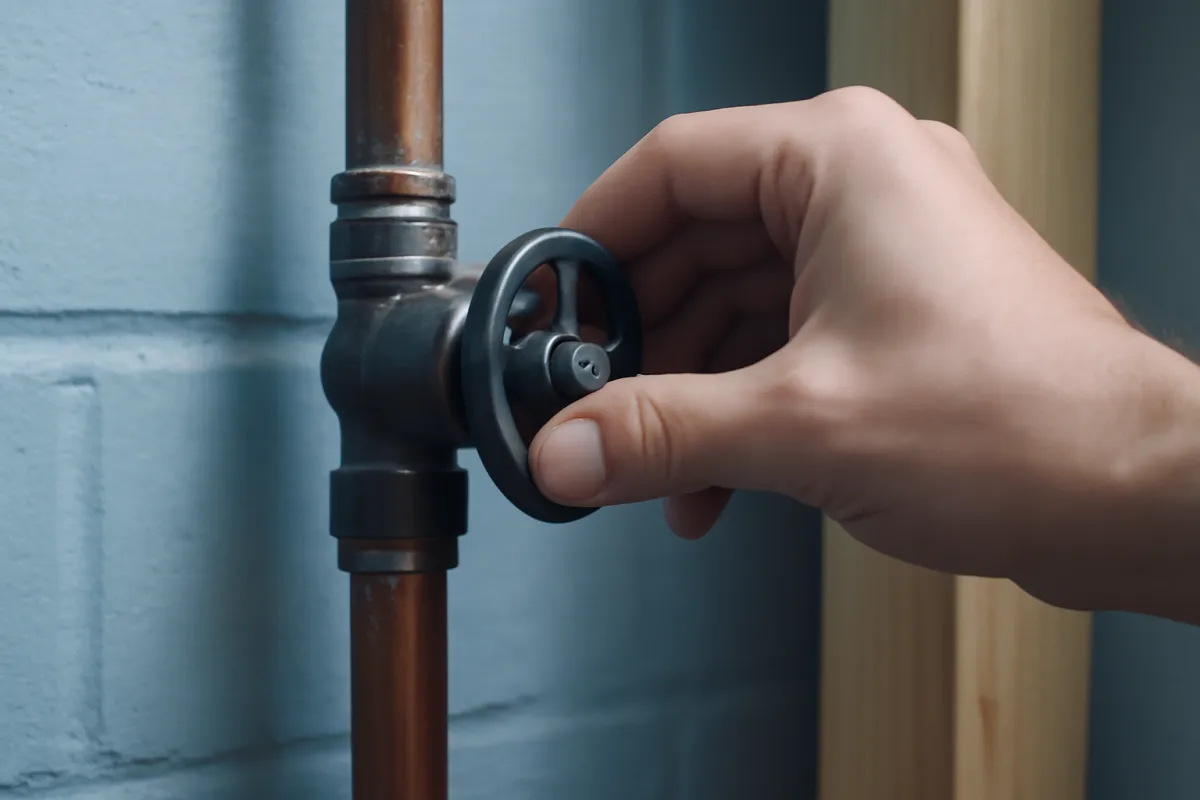 A hand turning a home's main water shutoff valve on a copper supply line to stop a plumbing failure before the damage spreads