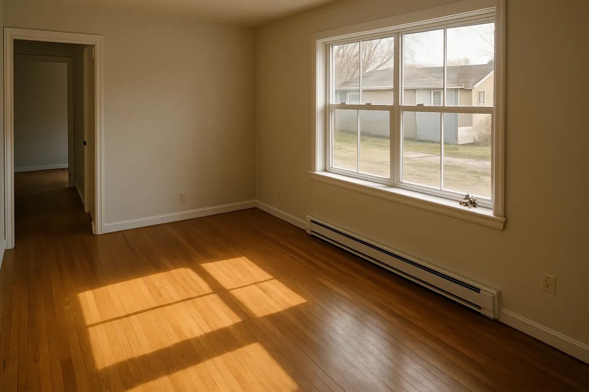 An empty room in a house between tenants, with bare wood floors and sunlight falling through a large window
