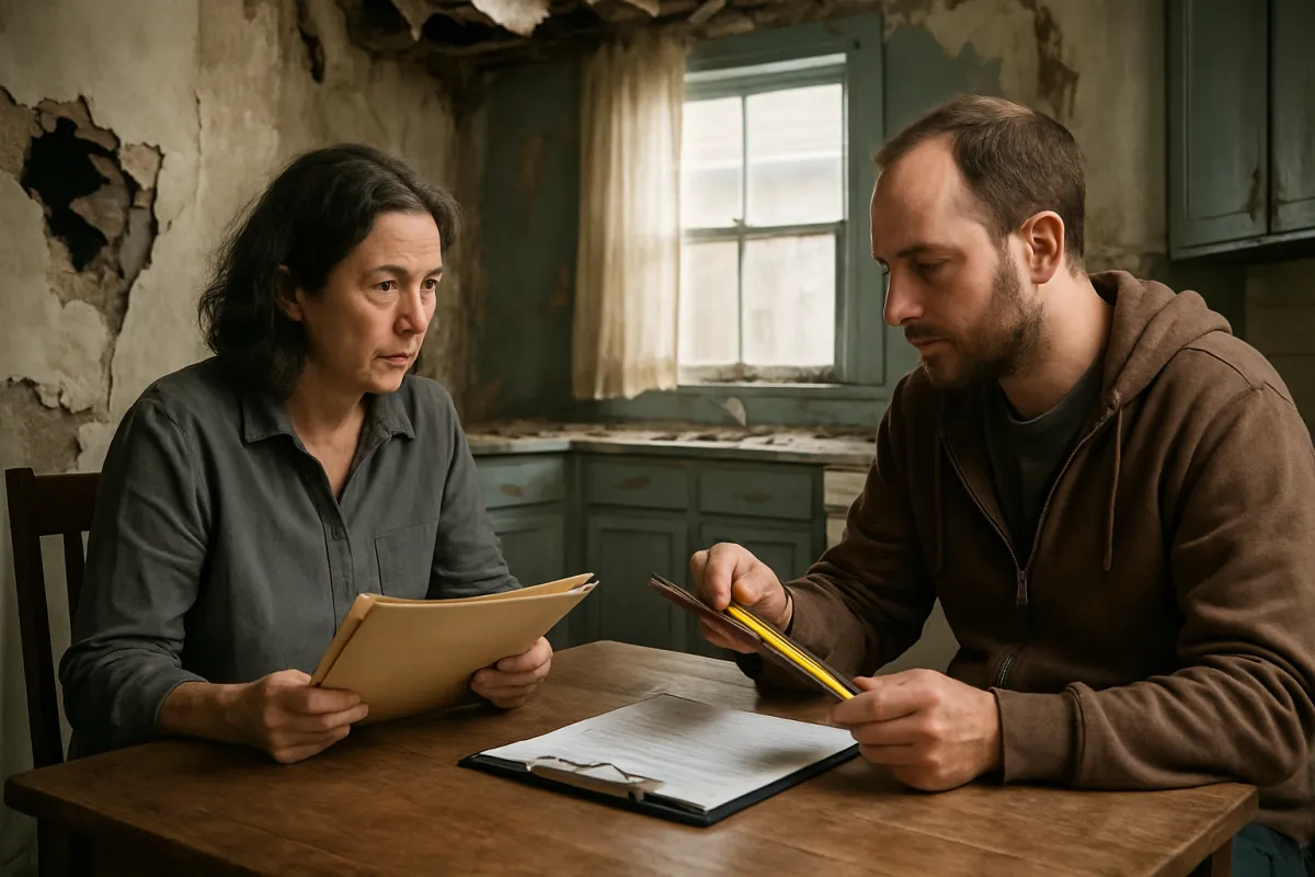 Two people sitting across a wooden table in a room with peeling walls and a damaged ceiling, one holding a folder of papers and the other holding papers and a pencil beside a clipboard