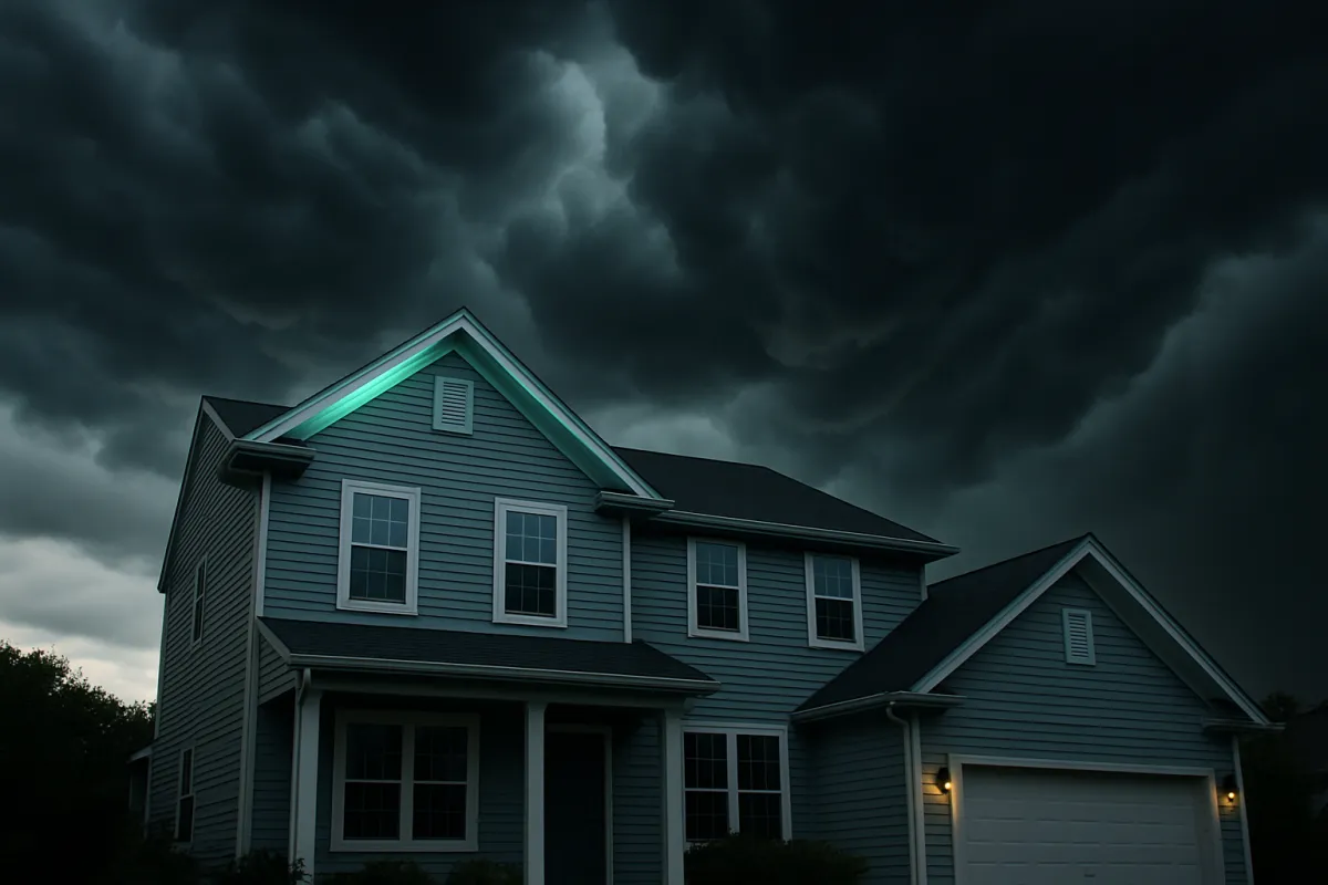A suburban two-story house under heavy dark storm clouds in fading light