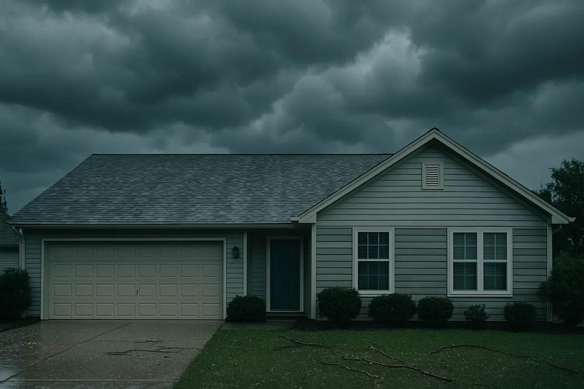 A single-story house with pale horizontal siding and a grey shingle roof under heavy dark storm clouds, with a wet driveway and thin branches scattered on the lawn