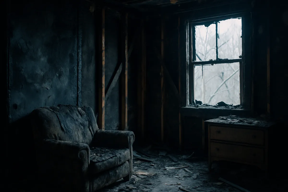 A dark burned-out room with soot-blackened walls, exposed wood framing, a scorched armchair and debris across the floor, lit by daylight through a broken window
