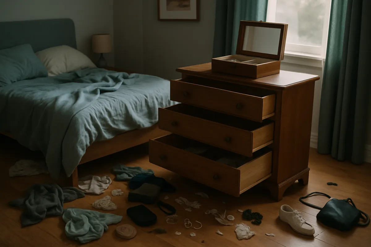 A bedroom with three dresser drawers pulled open and empty, an open wooden jewelry box with a mirrored lid on top, and clothing and small items scattered across the wood floor