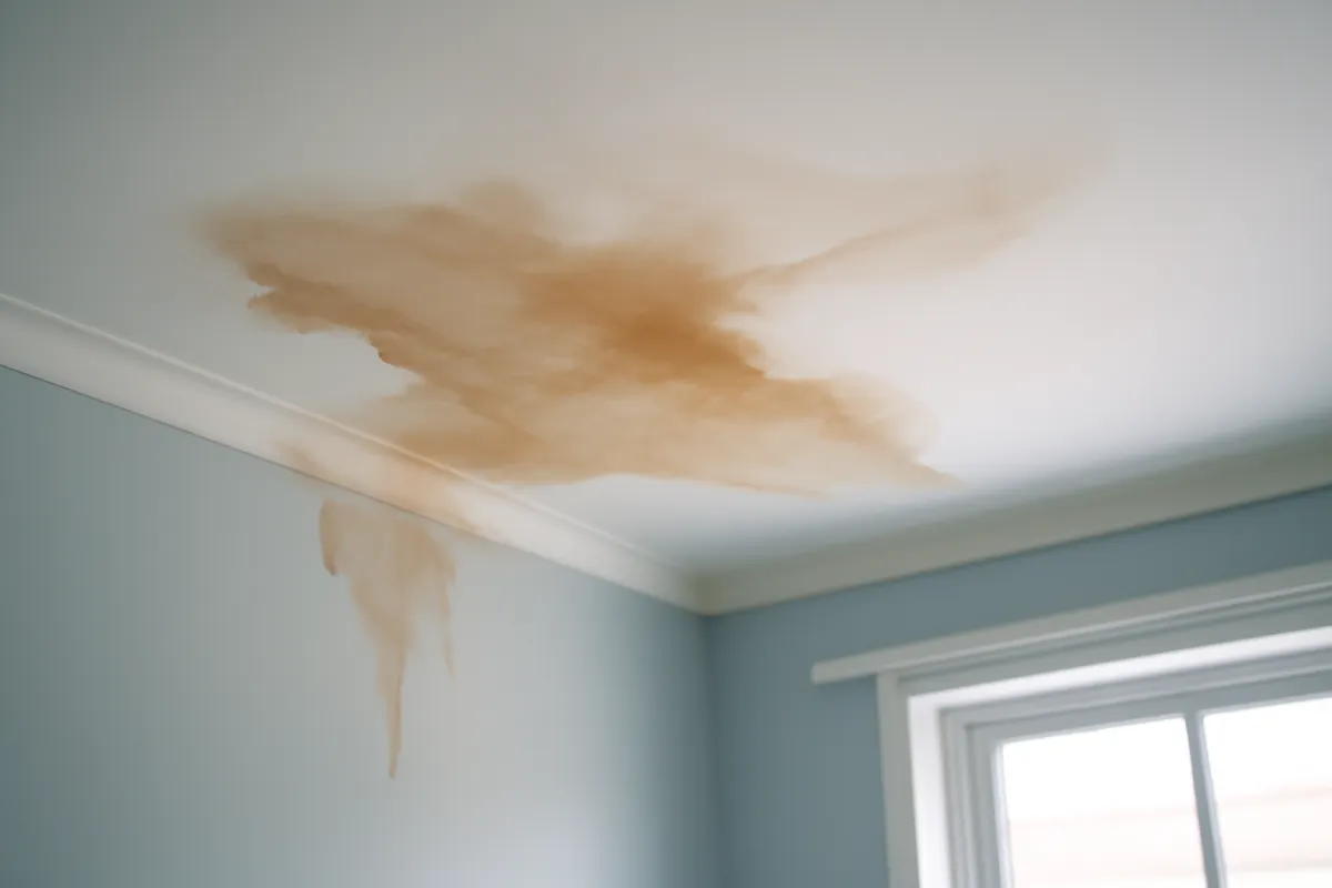 A spreading brown water stain on a home ceiling and upper wall in soft daylight with a cool blue tint