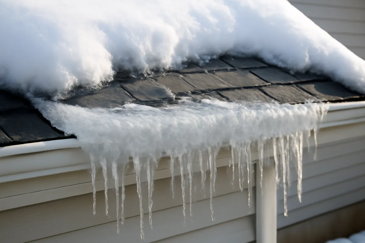 A close-up of a snow-covered roof eave with a thick ridge of ice built up along the gutter line and long icicles hanging down