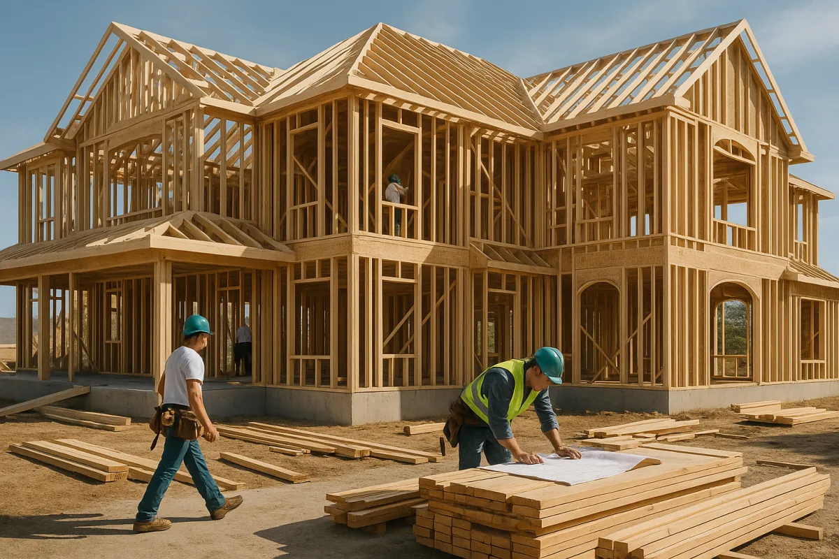 A large two-story home under construction with exposed framing and lumber, the physical structure dwelling coverage pays to rebuild