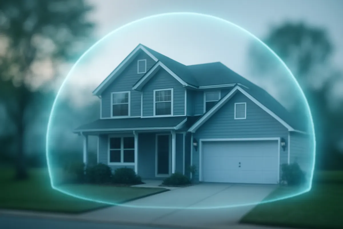 A suburban two-story house exterior in soft morning light with a faint protective glow around it
