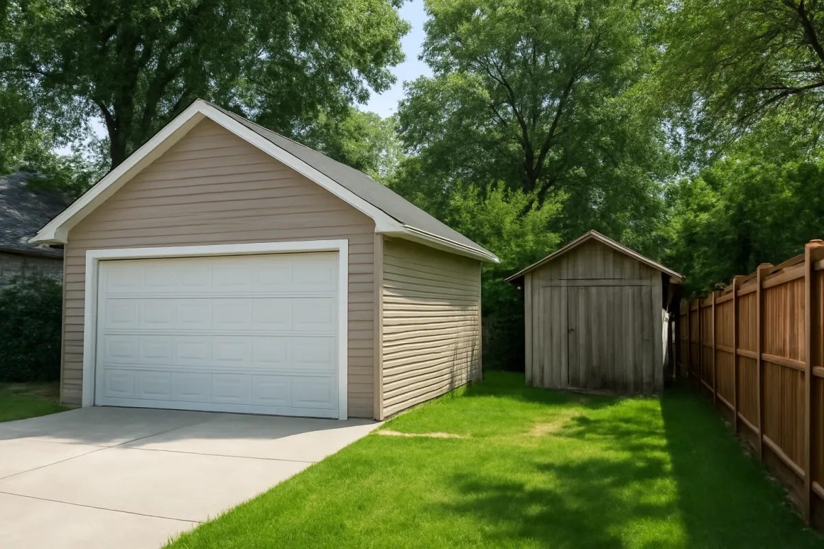 A detached two-car garage with tan siding and white trim beside a smaller wooden shed, set on a mowed lawn next to a wooden privacy fence and tall trees