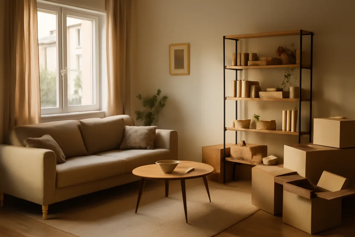 A warm, sunlit rented apartment living room with a sofa, a wooden shelving unit holding decor, and moving boxes stacked on the floor